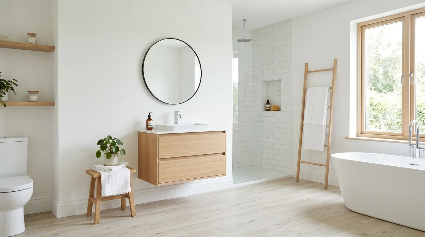 Try pale wood-look tile for softness inspiration for a tiled bathroom.